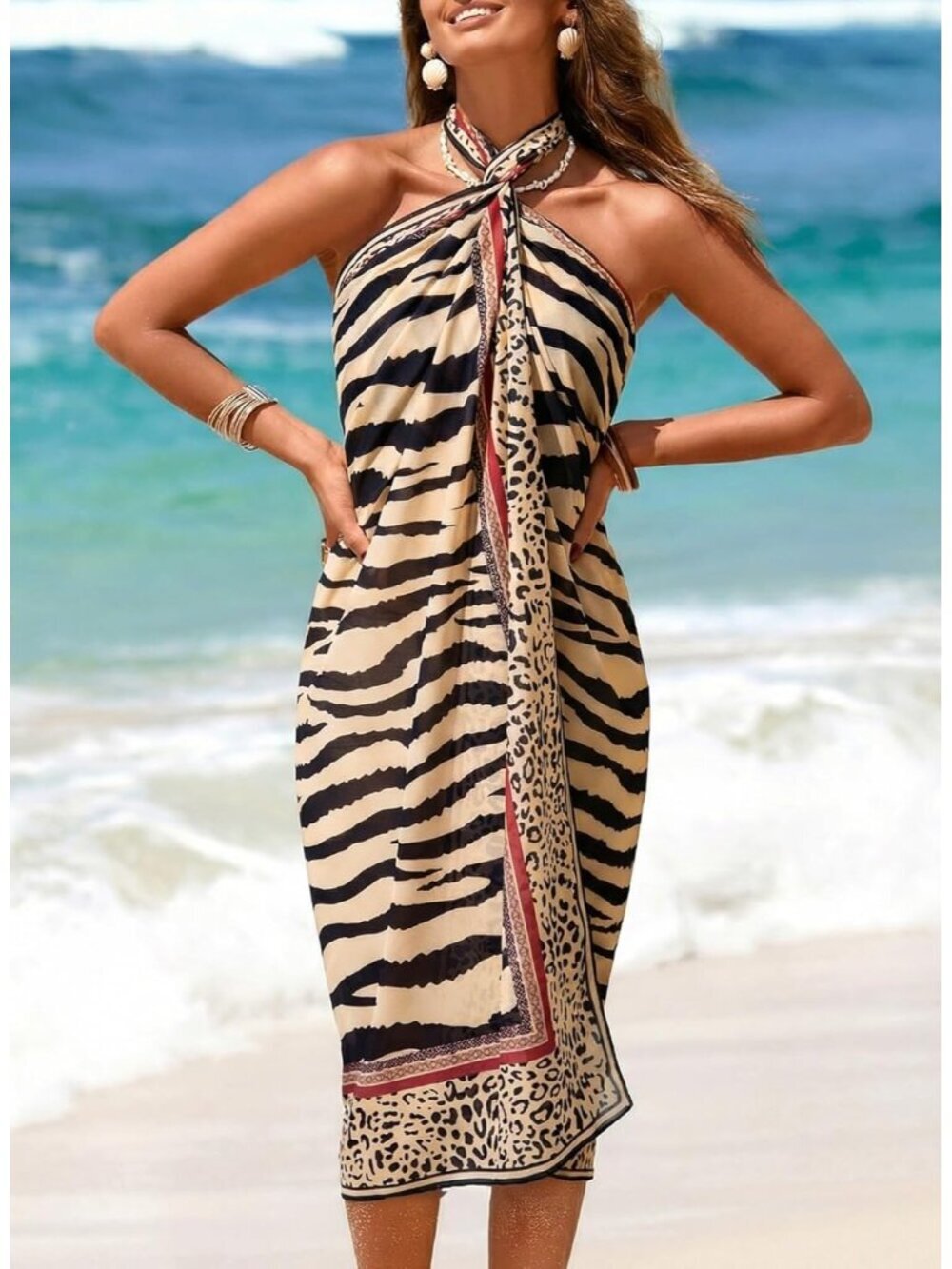 Women's Animal Stripe Pattern Swimsuit High Slit Summer Floral Print Wrap Beach - Picture 3 of 6